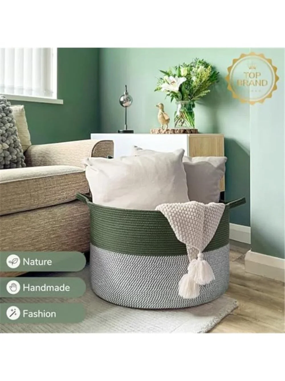 New XXXLarge Woven Rope Blanket Basket Living Room Green, 90L